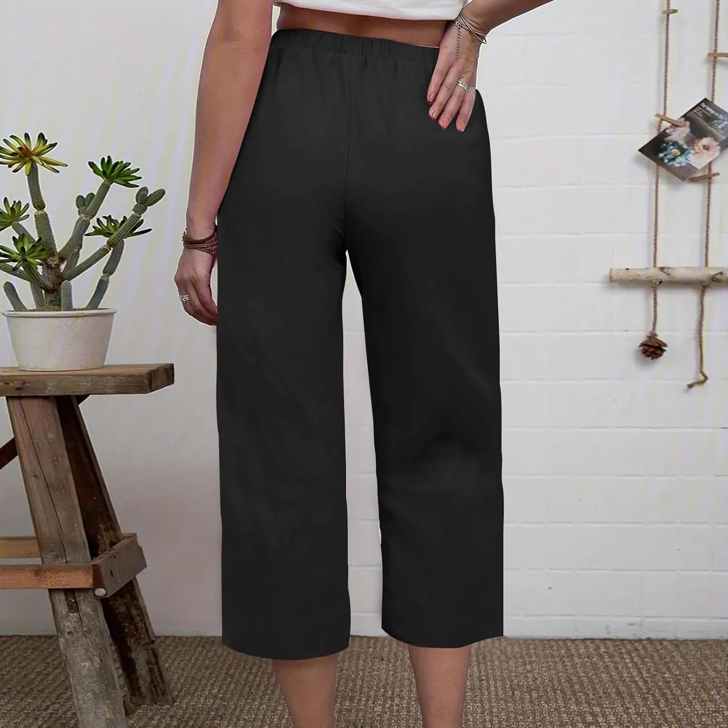 Capri Pants for Women Casual Elastic High Waist Beach Cropped Pants Loose Trousers Summer Outfits for Women