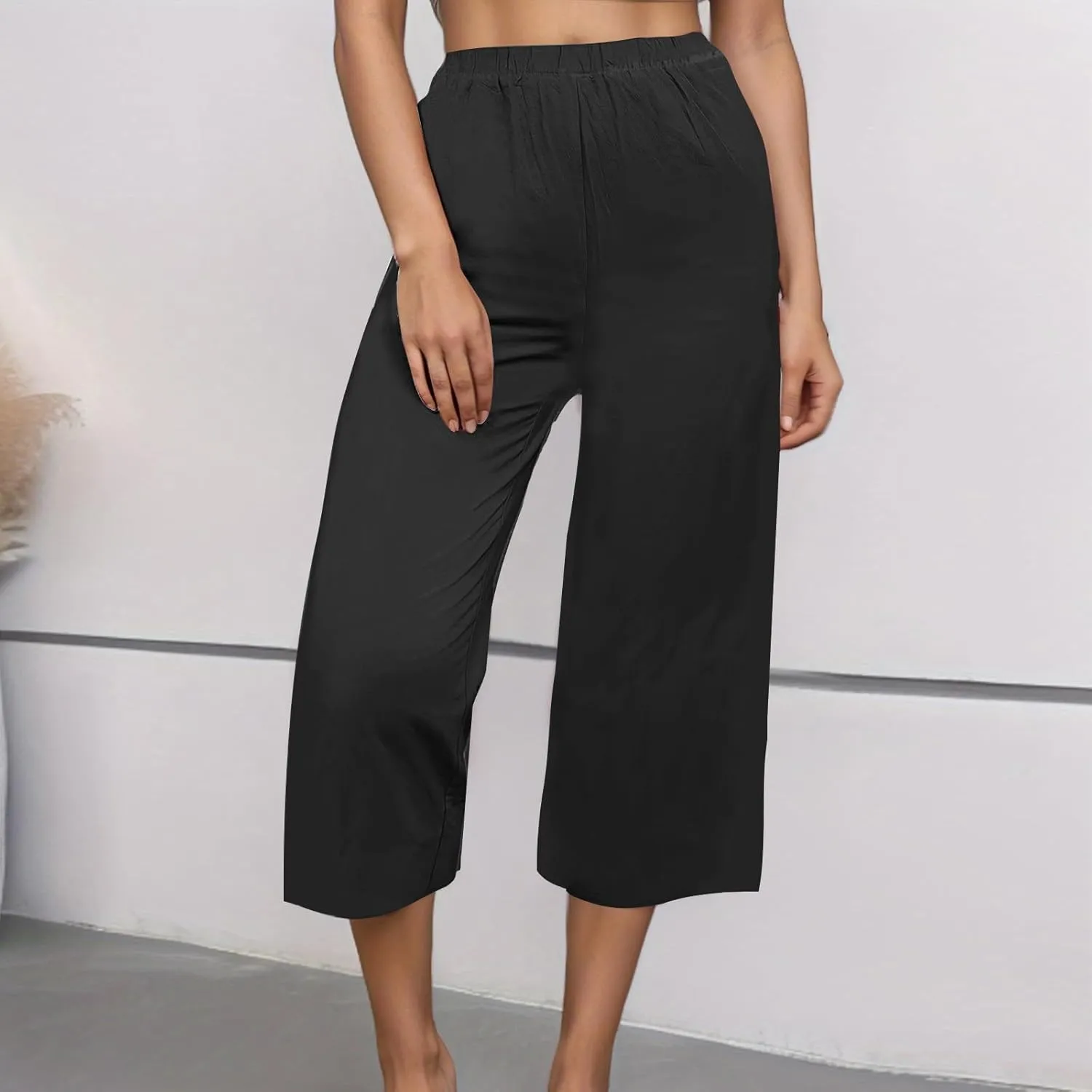 Capri Pants for Women Casual Elastic High Waist Beach Cropped Pants Loose Trousers Summer Outfits for Women