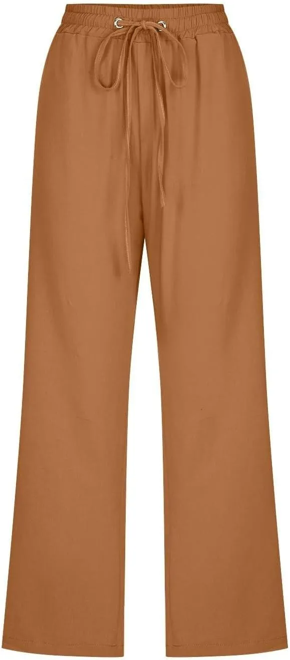 Capri Pants for Women Cotton Linen Casual Summer Pants Plus Size Drawstring Elastic Waist Capris with Pockets