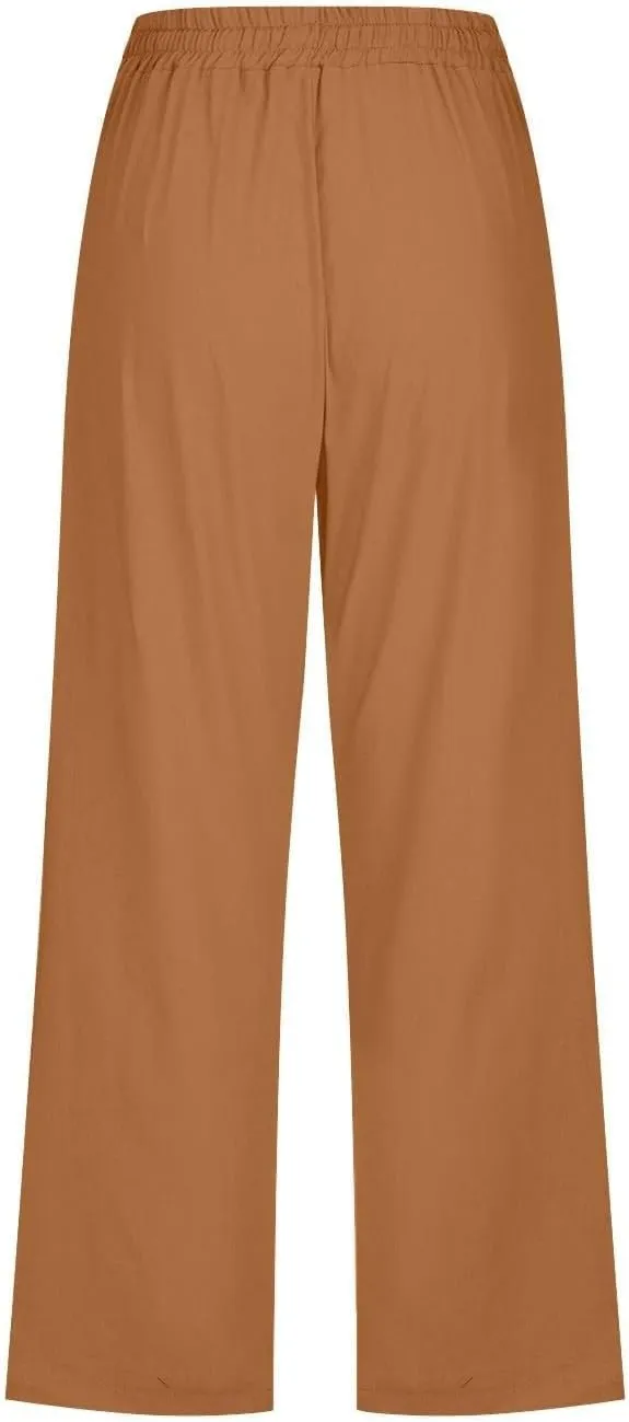 Capri Pants for Women Cotton Linen Casual Summer Pants Plus Size Drawstring Elastic Waist Capris with Pockets