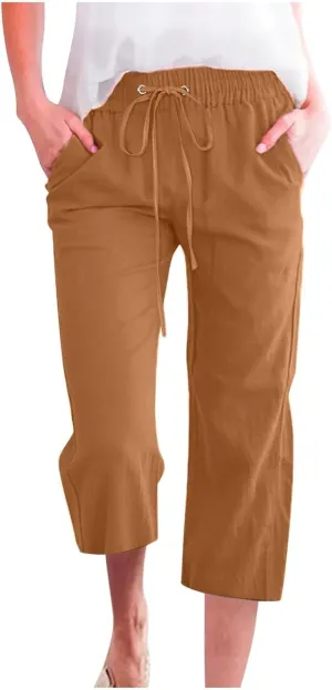 Capri Pants for Women Cotton Linen Casual Summer Pants Plus Size Drawstring Elastic Waist Capris with Pockets