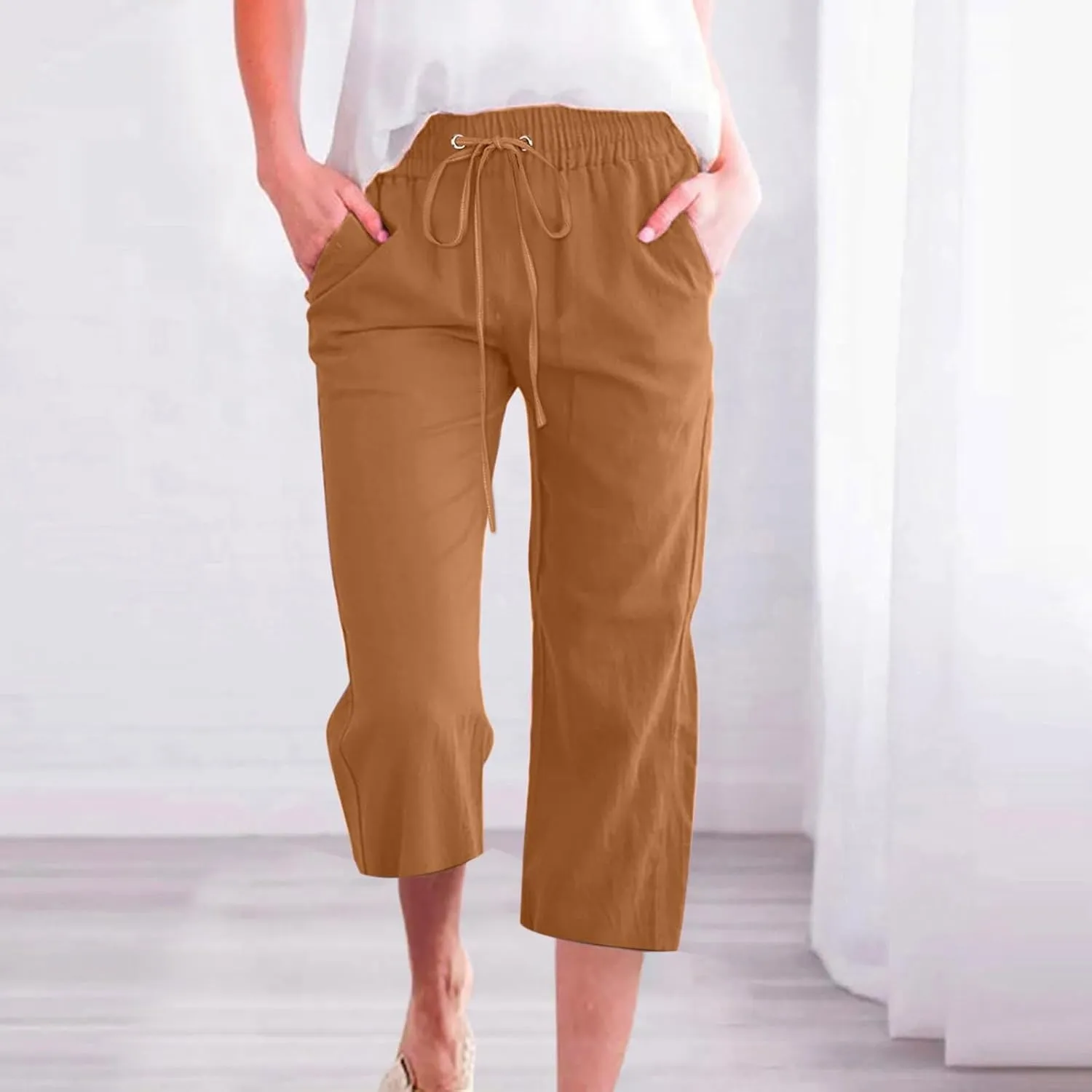 Capri Pants for Women Cotton Linen Casual Summer Pants Plus Size Drawstring Elastic Waist Capris with Pockets
