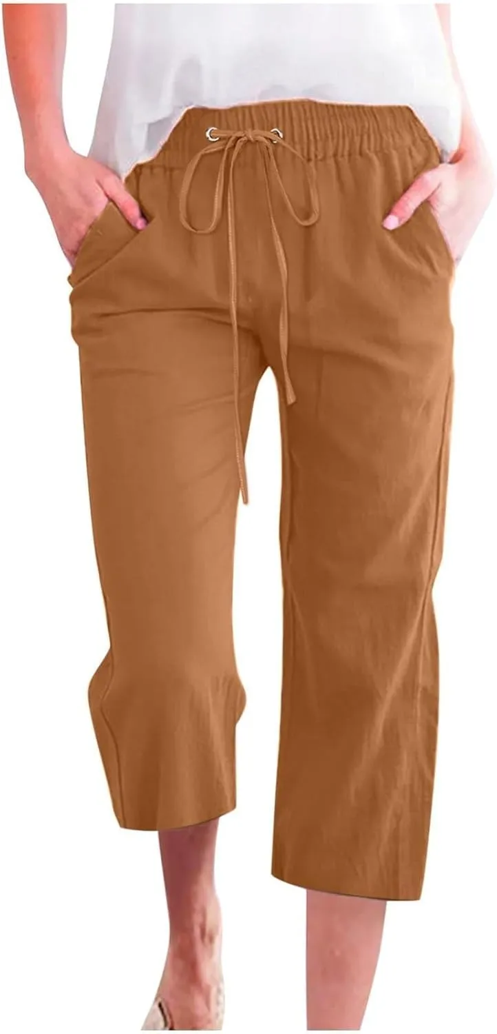 Capri Pants for Women Cotton Linen Casual Summer Pants Plus Size Drawstring Elastic Waist Capris with Pockets