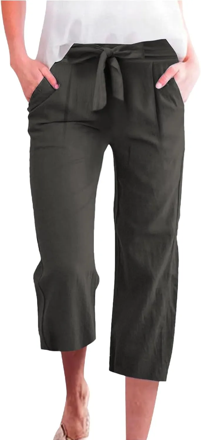 Capri Pants for Women Summer Casual Linen Lounge Pants Cropped Straight Leg Drawstring Baggy Straight Leg Trousers