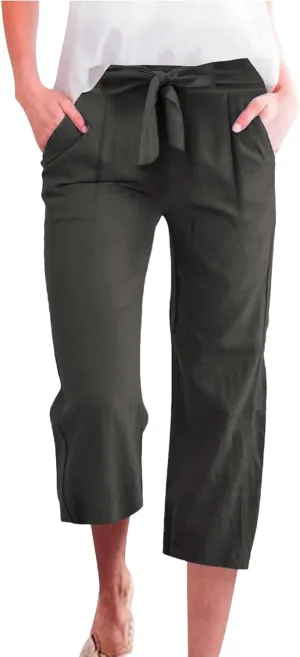 Capri Pants for Women Summer Casual Linen Lounge Pants Cropped Straight Leg Drawstring Baggy Straight Leg Trousers