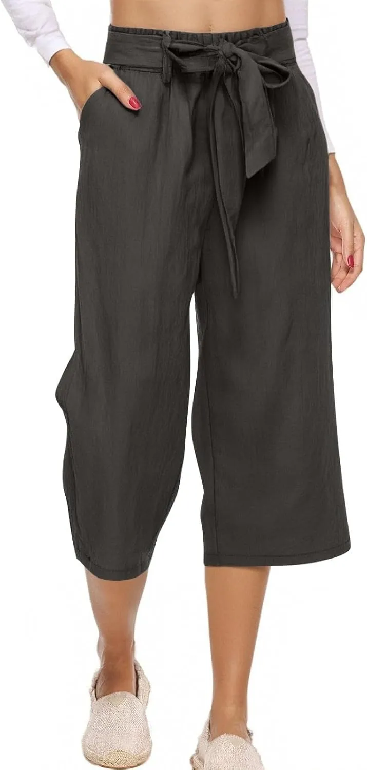 Capri Pants for Women Summer Casual Linen Lounge Pants Cropped Straight Leg Drawstring Baggy Straight Leg Trousers