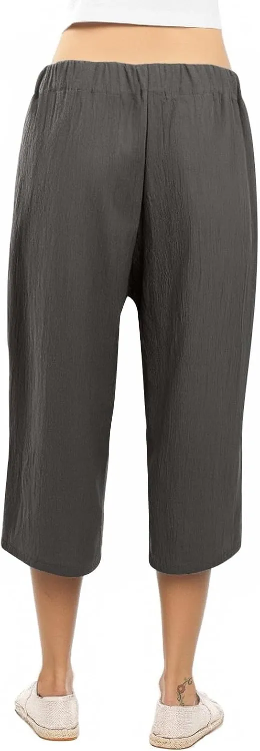 Capri Pants for Women Summer Casual Linen Lounge Pants Cropped Straight Leg Drawstring Baggy Straight Leg Trousers