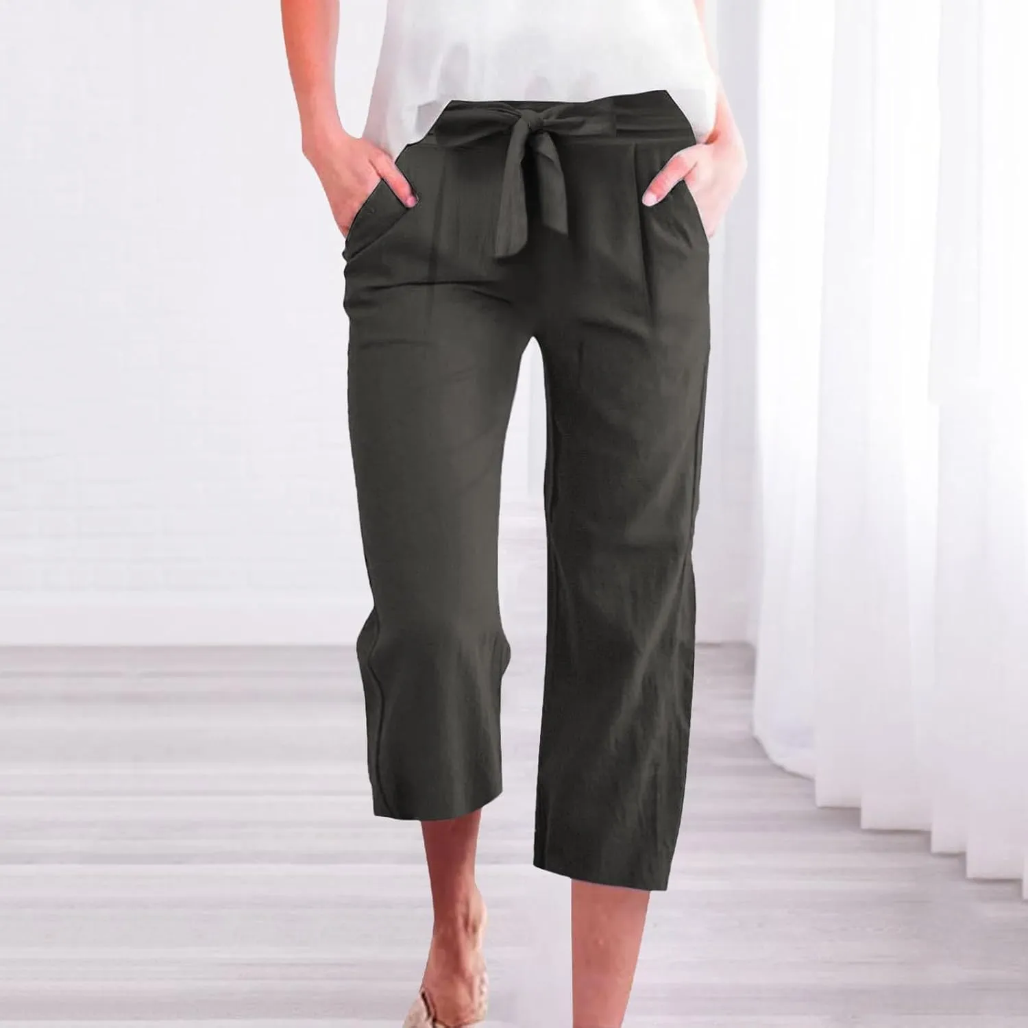 Capri Pants for Women Summer Casual Linen Lounge Pants Cropped Straight Leg Drawstring Baggy Straight Leg Trousers