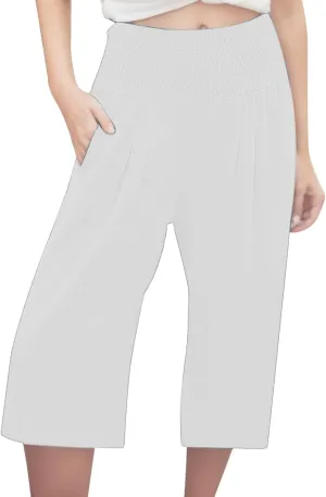 Capri Pants for Women Wide Leg Linen Palazzo Trousers Pull On Smock Elastic Waist Shorts Summer Flowy Beach Pants