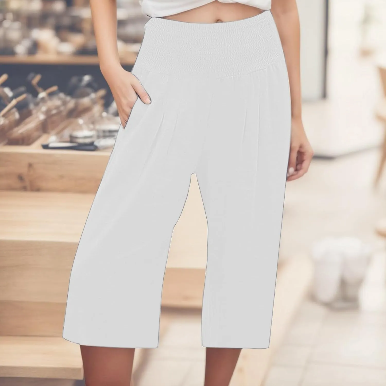 Capri Pants for Women Wide Leg Linen Palazzo Trousers Pull On Smock Elastic Waist Shorts Summer Flowy Beach Pants