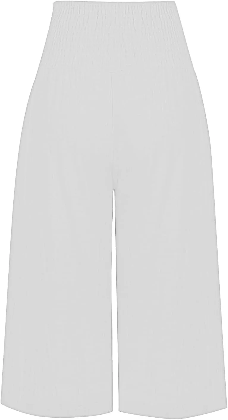 Capri Pants for Women Wide Leg Linen Palazzo Trousers Pull On Smock Elastic Waist Shorts Summer Flowy Beach Pants