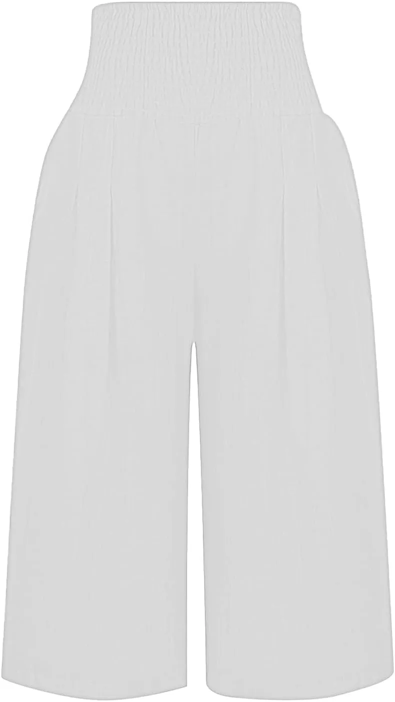 Capri Pants for Women Wide Leg Linen Palazzo Trousers Pull On Smock Elastic Waist Shorts Summer Flowy Beach Pants