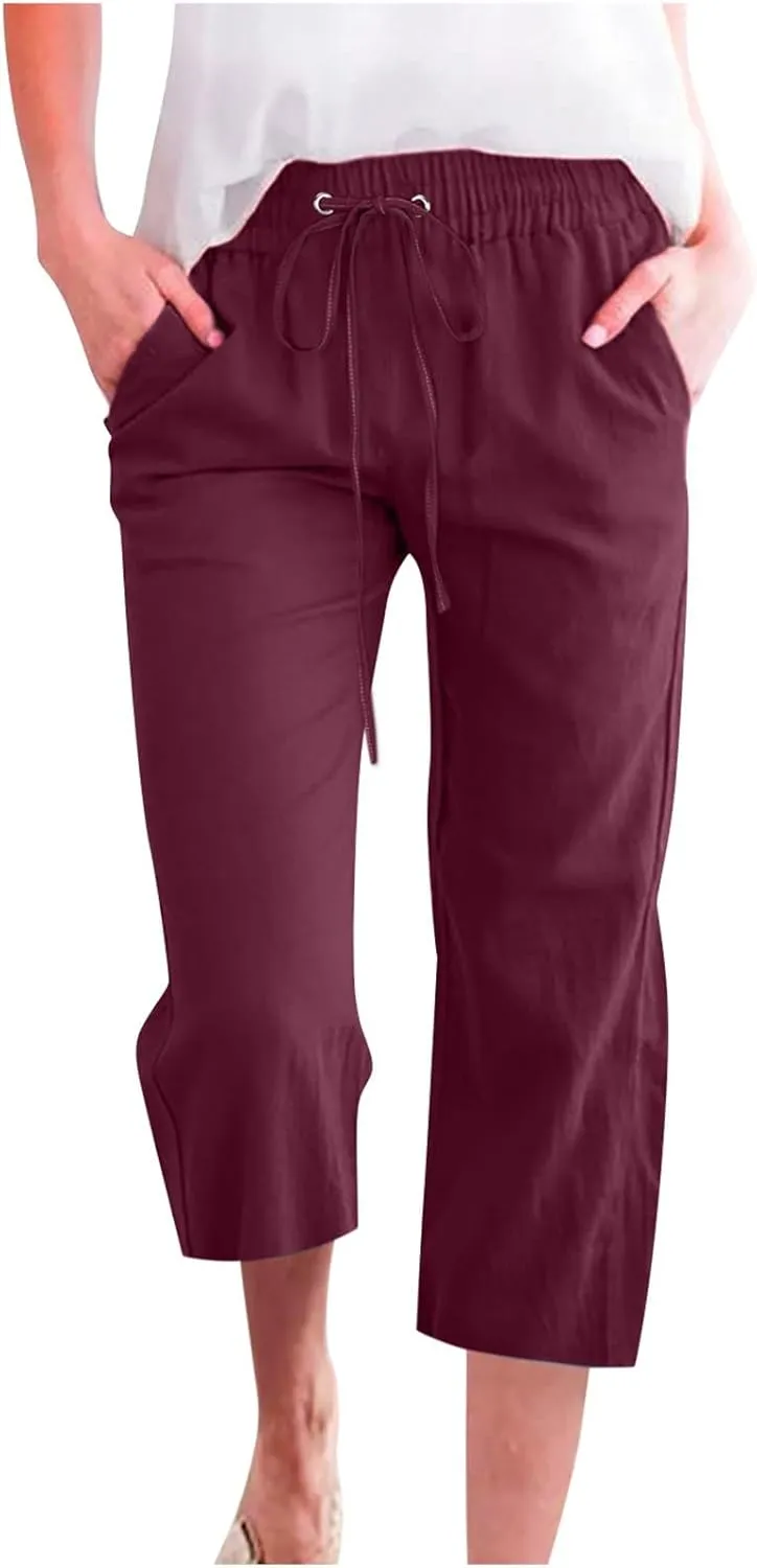 Capris Pants for Women 2025 Cotton Linen Summer Plus Size Capri High Waist Elastic Straight Leg Beach Cropped Pants