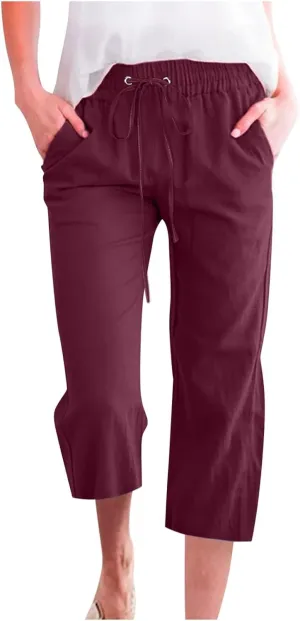 Capris Pants for Women 2025 Cotton Linen Summer Plus Size Capri High Waist Elastic Straight Leg Beach Cropped Pants