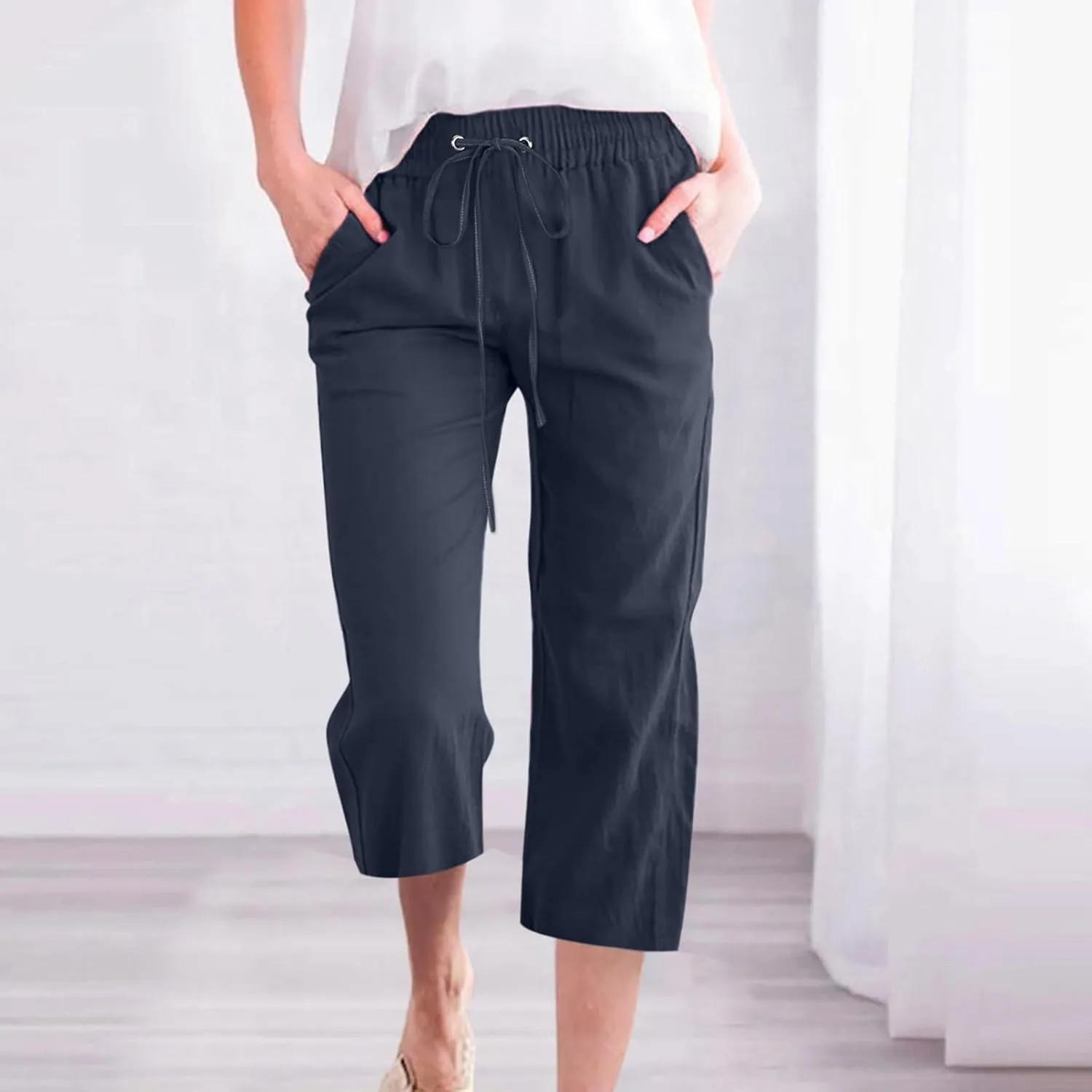 Capris Pants for Women 2025 Cotton Linen Summer Plus Size Capri High Waist Elastic Straight Leg Beach Cropped Pants