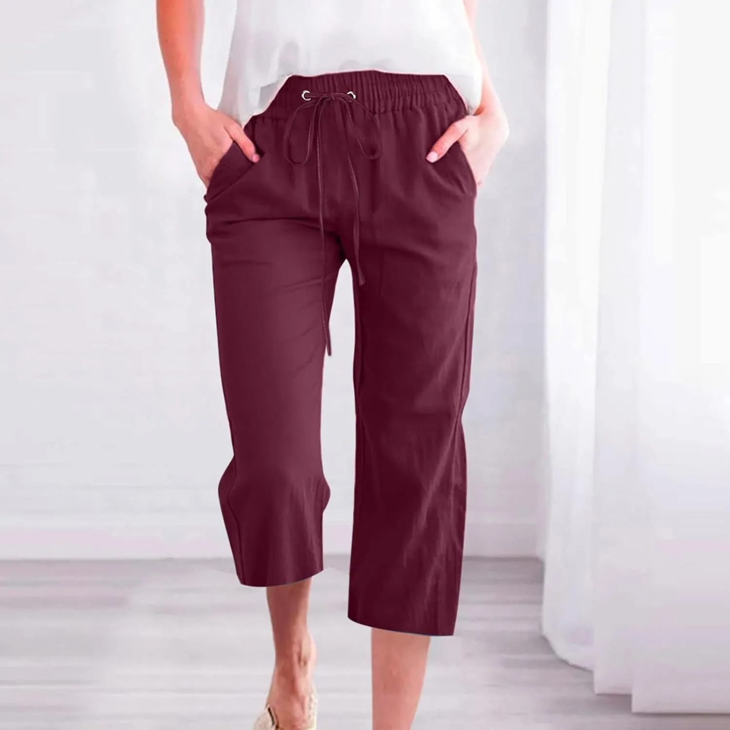 Capris Pants for Women 2025 Cotton Linen Summer Plus Size Capri High Waist Elastic Straight Leg Beach Cropped Pants