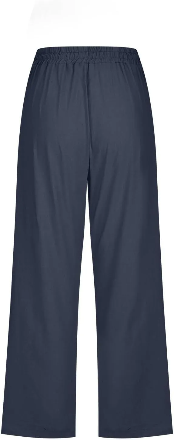 Capris Pants for Women 2025 Cotton Linen Summer Plus Size Capri High Waist Elastic Straight Leg Beach Cropped Pants