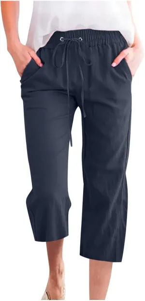 Capris Pants for Women 2025 Cotton Linen Summer Plus Size Capri High Waist Elastic Straight Leg Beach Cropped Pants