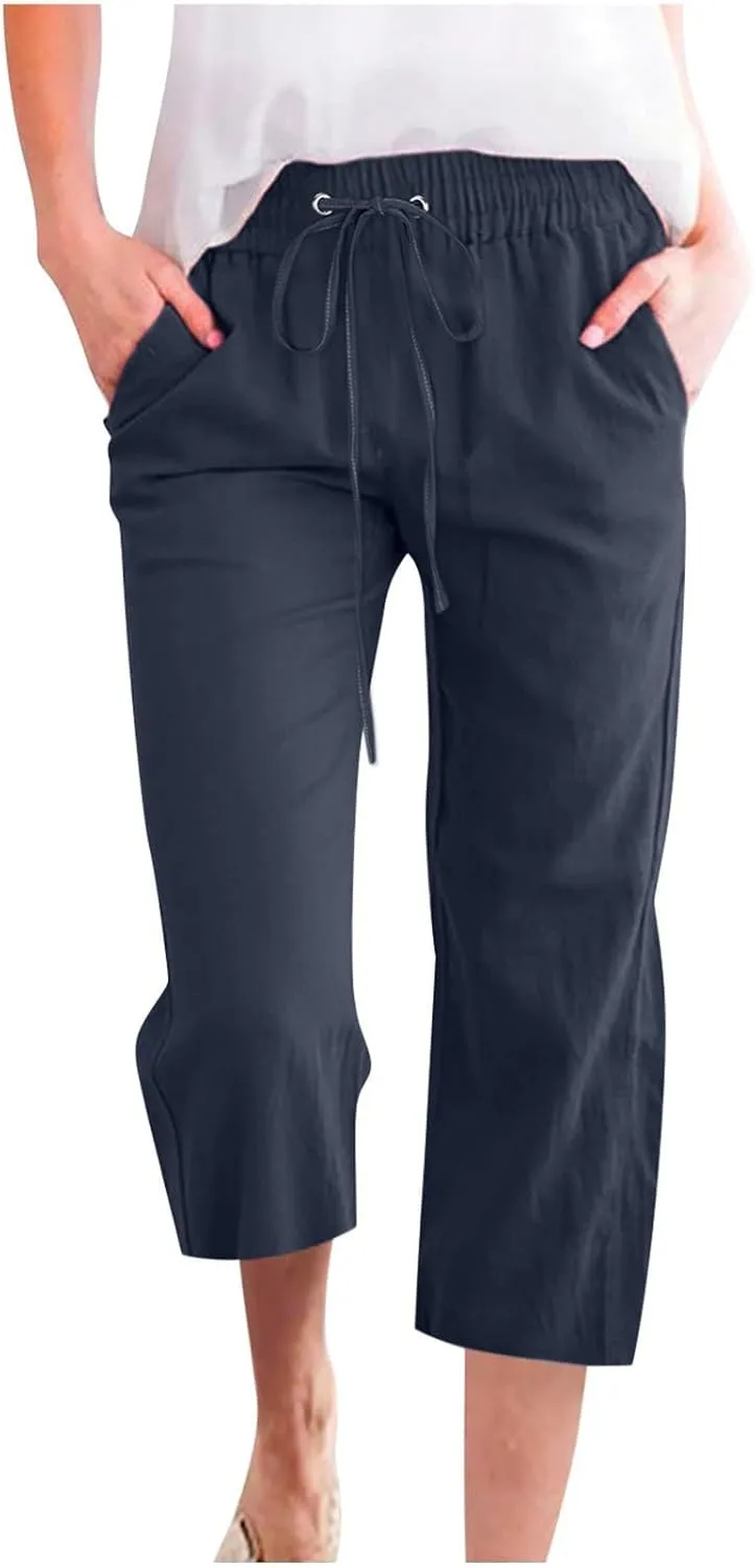 Capris Pants for Women 2025 Cotton Linen Summer Plus Size Capri High Waist Elastic Straight Leg Beach Cropped Pants