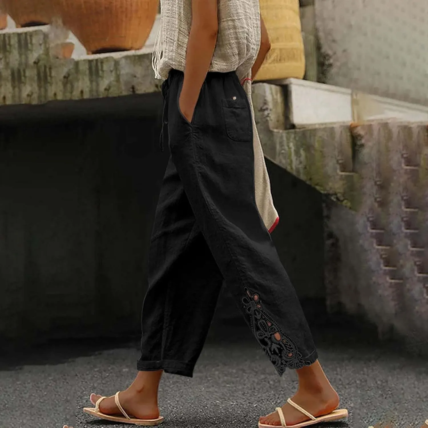 Capris Pants For Women High Waist Elastic Casual Trousers 2024 Summer Baggy Cropped Pant Lace Patchwork Comfy Pants