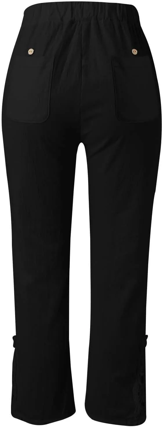 Capris Pants For Women High Waist Elastic Casual Trousers 2024 Summer Baggy Cropped Pant Lace Patchwork Comfy Pants