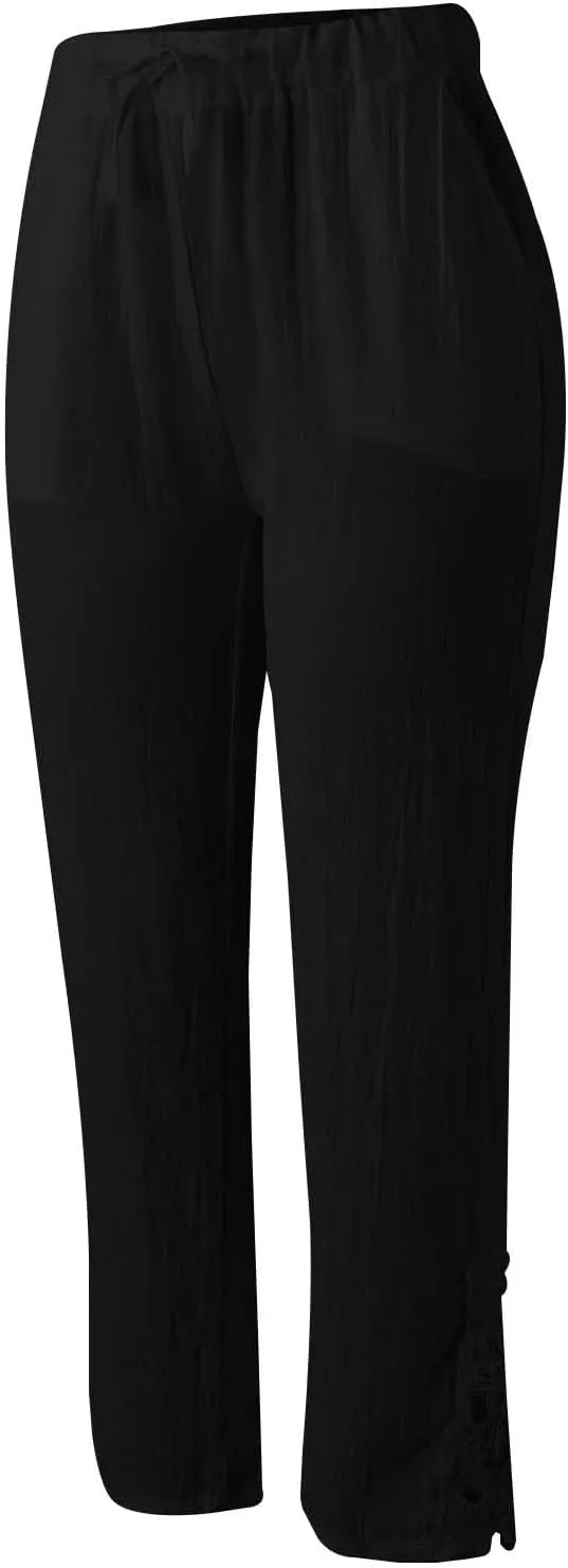 Capris Pants For Women High Waist Elastic Casual Trousers 2024 Summer Baggy Cropped Pant Lace Patchwork Comfy Pants