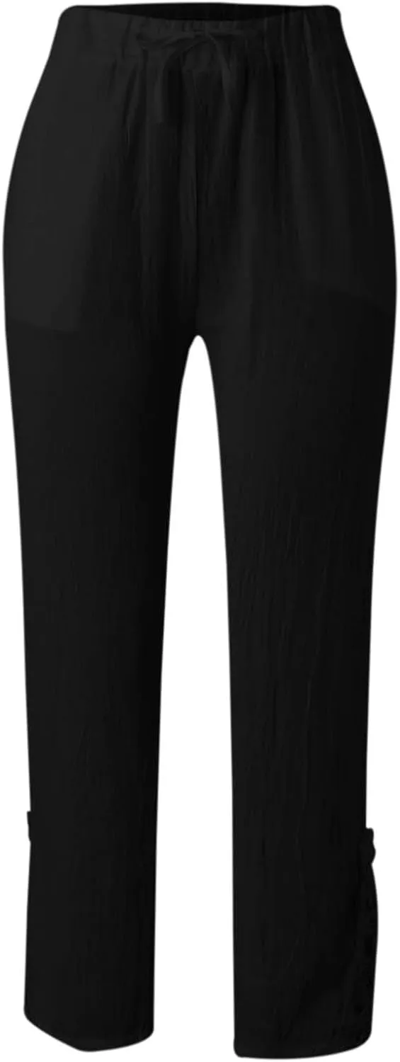 Capris Pants For Women High Waist Elastic Casual Trousers 2024 Summer Baggy Cropped Pant Lace Patchwork Comfy Pants