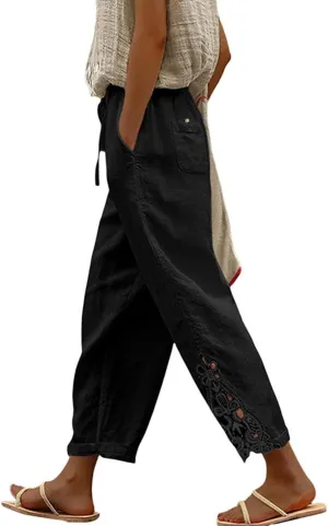 Capris Pants For Women High Waist Elastic Casual Trousers 2024 Summer Baggy Cropped Pant Lace Patchwork Comfy Pants