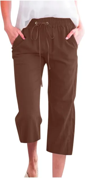Cargo Capris for Women Casual 2025 Summer Drawstring Elastic High Waist Linen Pant Cropped Comfy Trousers
