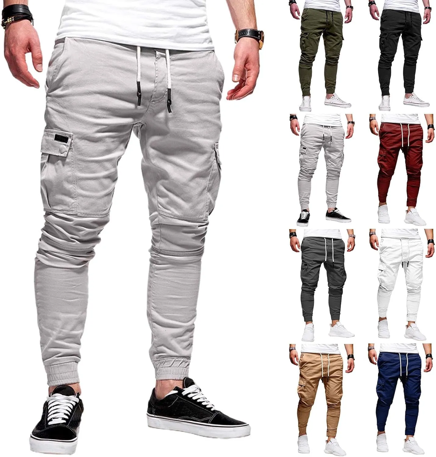 Cargo Pants for Men Drawstring Elastic Waist Casual Sweatpants Slim Fit Athletic Joggers Pants Outdoor Sports Trousers
