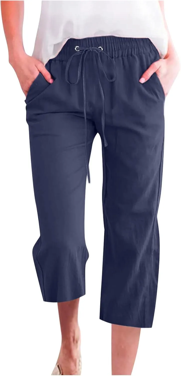 Casual Capri Pants for Women Summer Cotton Linen Cropped Pants Elastic High Waist Trousers Straight Wide Leg Pants