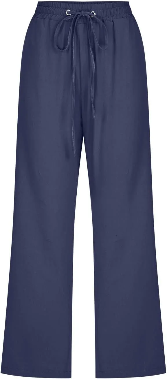 Casual Capri Pants for Women Summer Cotton Linen Cropped Pants Elastic High Waist Trousers Straight Wide Leg Pants