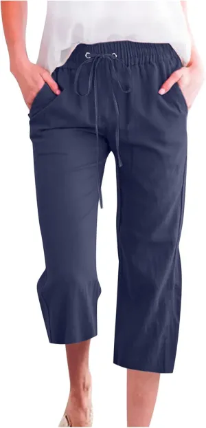 Casual Capri Pants for Women Summer Cotton Linen Cropped Pants Elastic High Waist Trousers Straight Wide Leg Pants