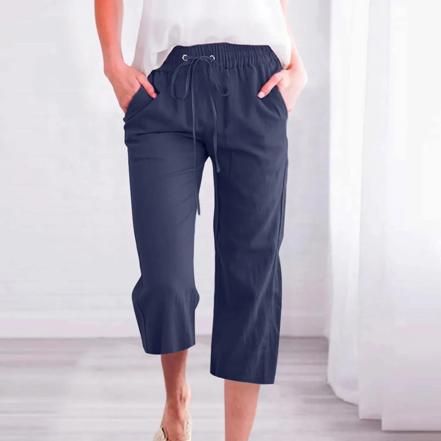 Casual Capri Pants for Women Summer Cotton Linen Cropped Pants Elastic High Waist Trousers Straight Wide Leg Pants