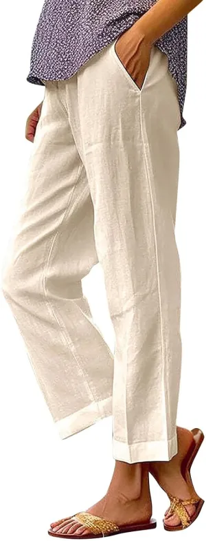 Casual Linen Pants for Women 2025 Solid Straight Elastic Pants Long Drawstring Linen Waist Cotton Casual Trousers