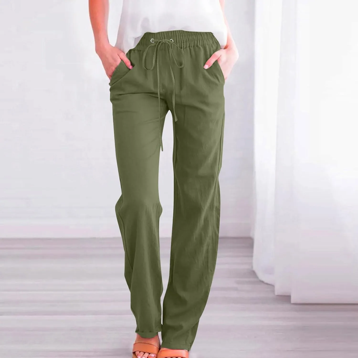 Casual Linen Pants Women Lounge Pants High Waist Drawstring Loose Fit 2025 Summer Trousers with Side Pockets Slacks