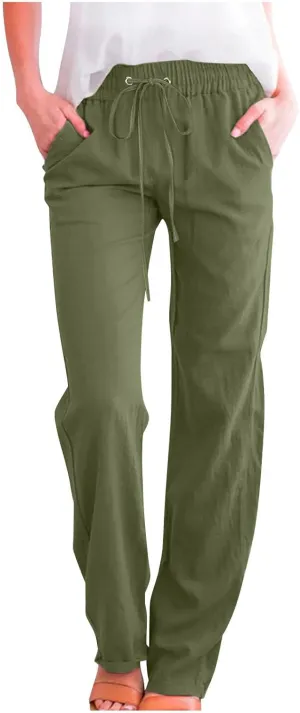 Casual Linen Pants Women Lounge Pants High Waist Drawstring Loose Fit 2025 Summer Trousers with Side Pockets Slacks