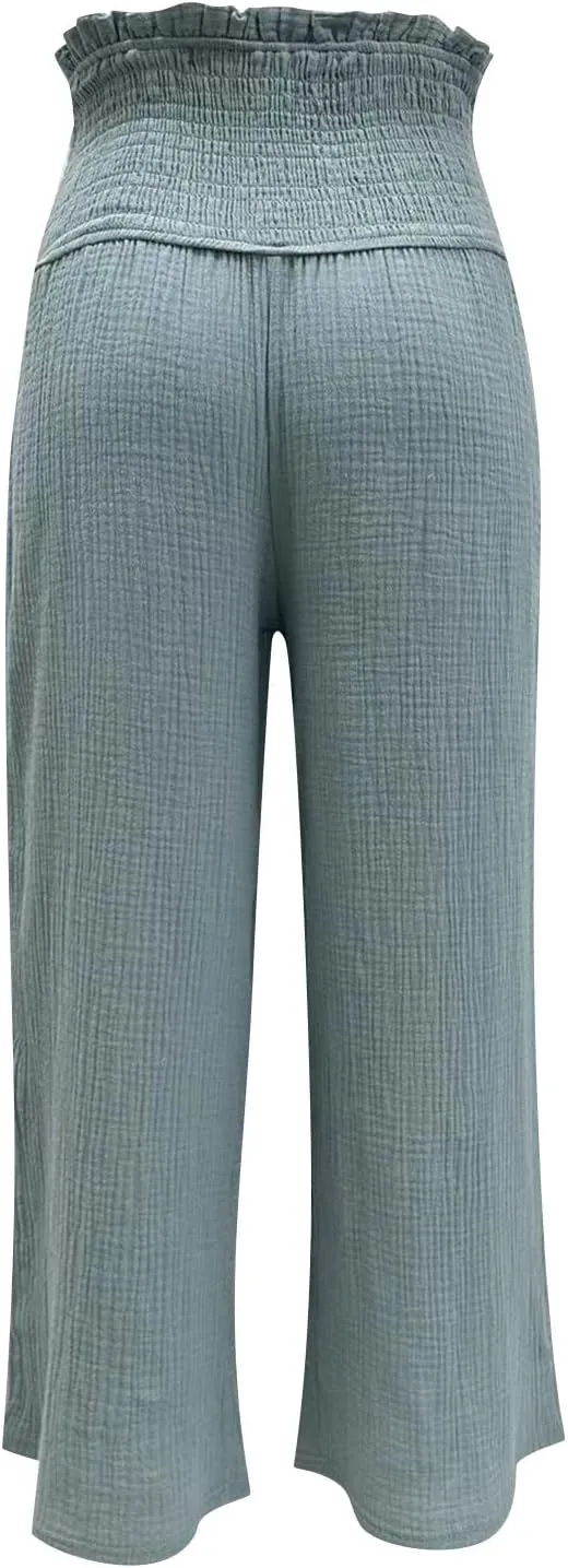 Ceboyel Wide Leg Palazzo Pants for Women High Waist Gaucho Pants Elastic Flowy Culottes Summer Beach Trousers 2023