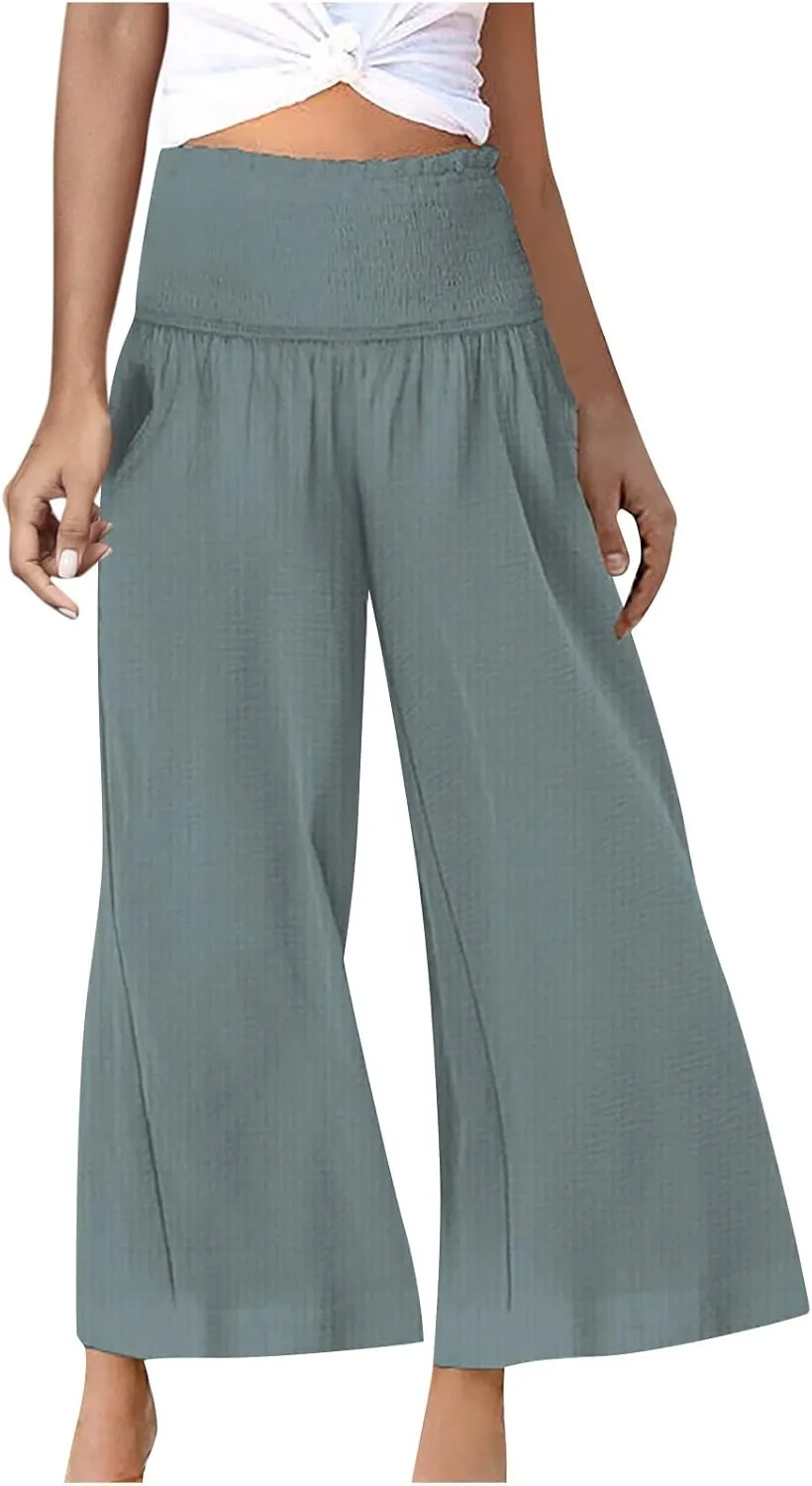 Ceboyel Wide Leg Palazzo Pants for Women High Waist Gaucho Pants Elastic Flowy Culottes Summer Beach Trousers 2023