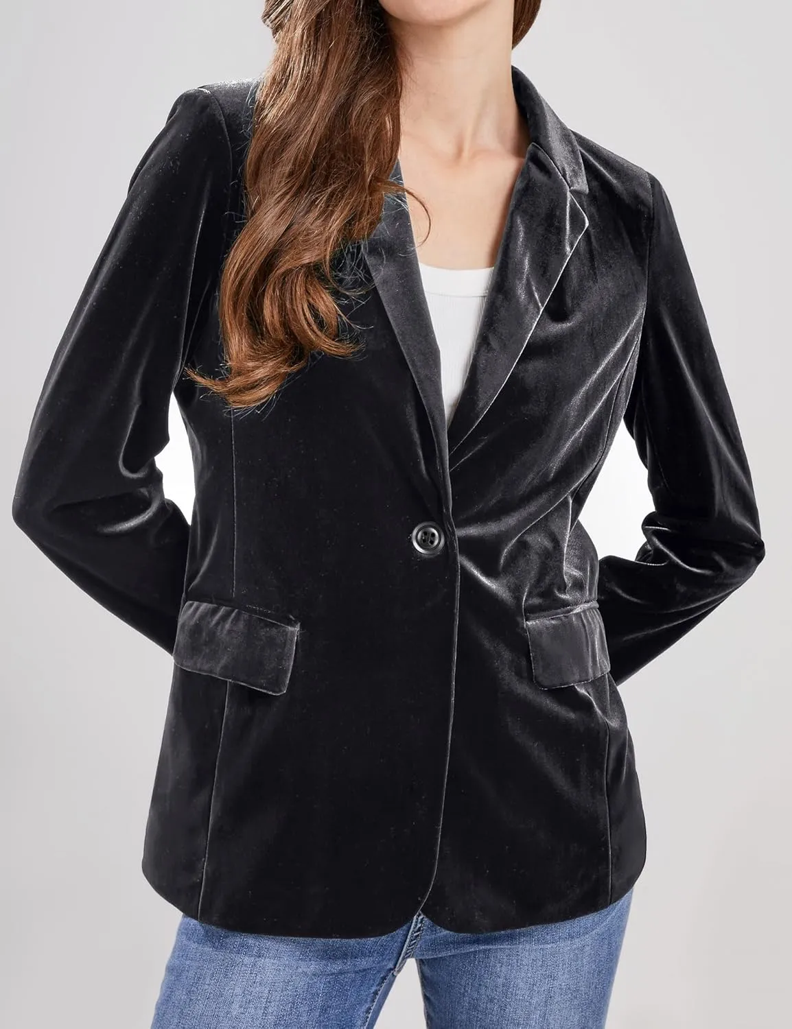 CHARTOU Women 1 Button Fitted Velvet Blazer Jacket Business Suit Jacket Work Office Notched Collar