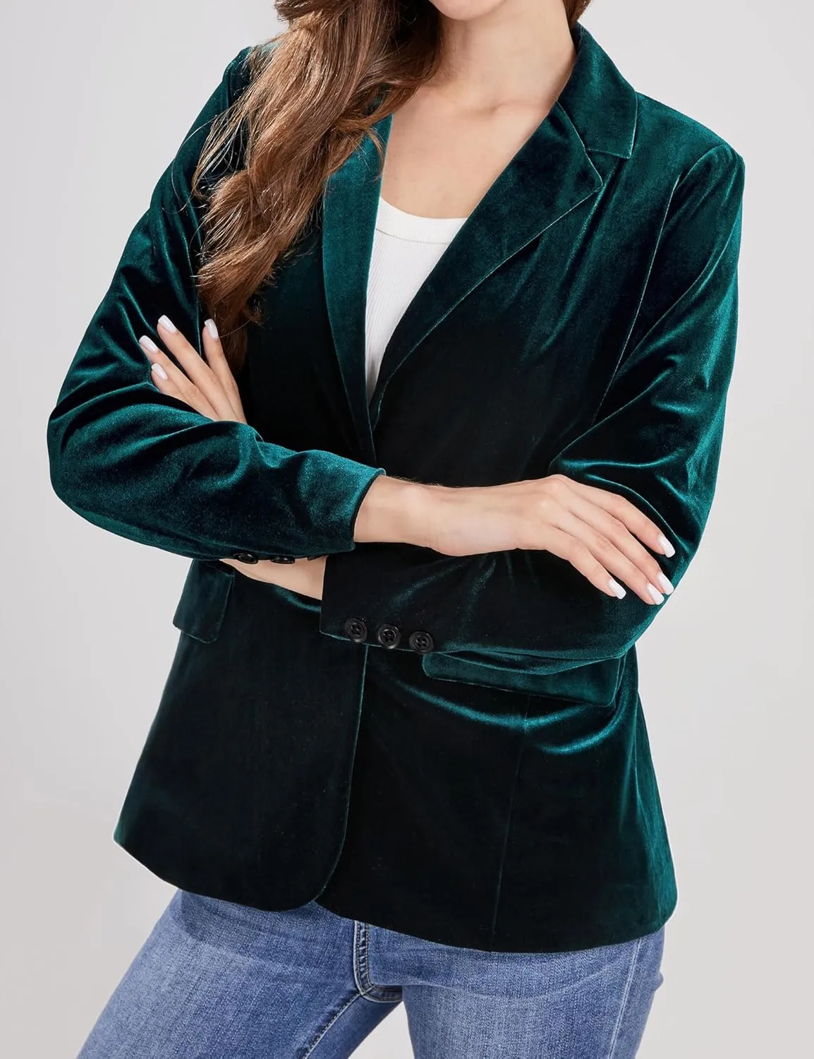 CHARTOU Women 1 Button Fitted Velvet Blazer Jacket Business Suit Jacket Work Office Notched Collar