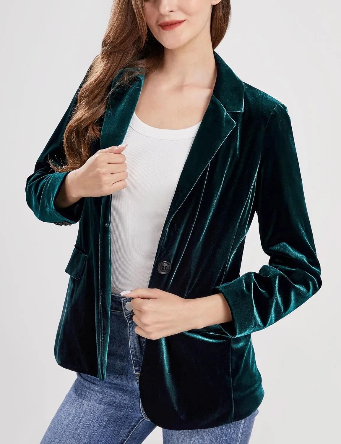 CHARTOU Women 1 Button Fitted Velvet Blazer Jacket Business Suit Jacket Work Office Notched Collar