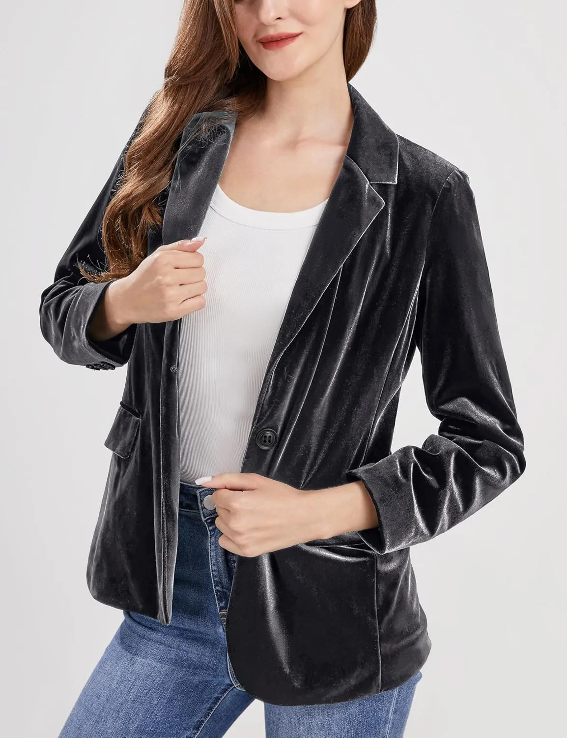 CHARTOU Women 1 Button Fitted Velvet Blazer Jacket Business Suit Jacket Work Office Notched Collar
