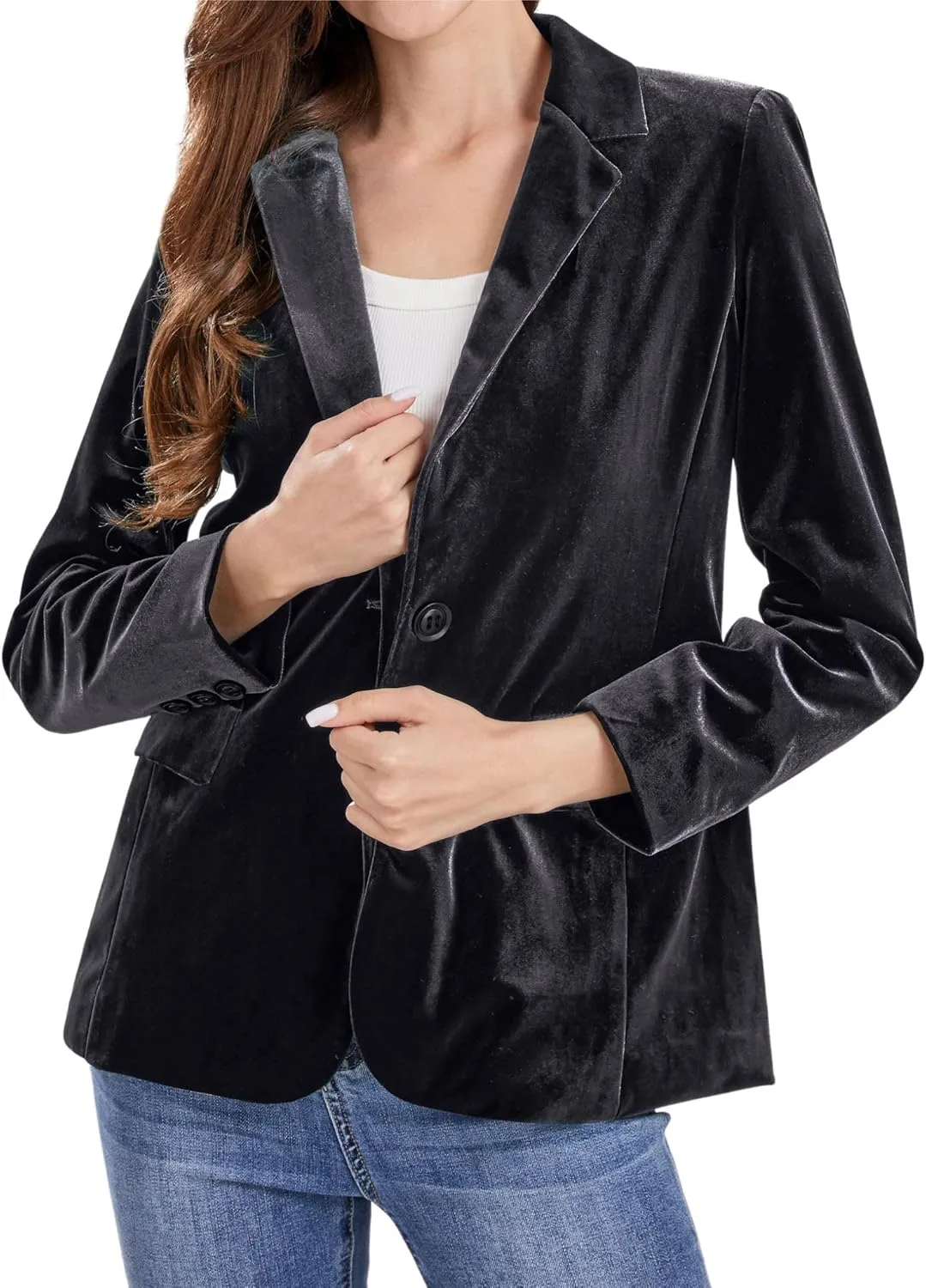 CHARTOU Women 1 Button Fitted Velvet Blazer Jacket Business Suit Jacket Work Office Notched Collar