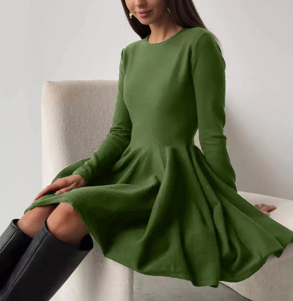 CHARTOU Women Basic Sweater Dress Long Sleeve Pleated Flared Knitted Short Dresses