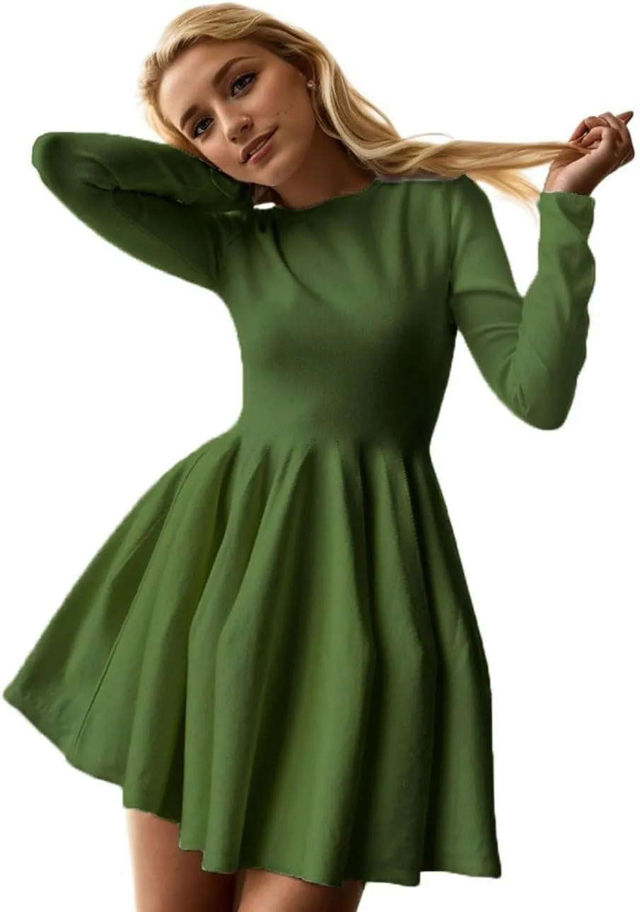 CHARTOU Women Basic Sweater Dress Long Sleeve Pleated Flared Knitted Short Dresses