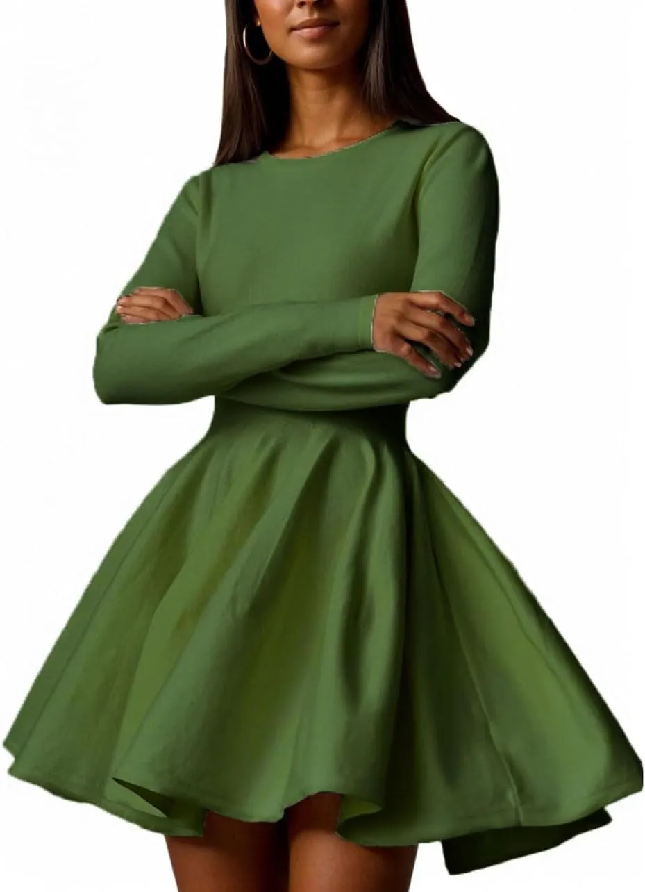 CHARTOU Women Basic Sweater Dress Long Sleeve Pleated Flared Knitted Short Dresses