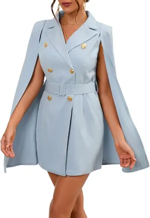 CHARTOU Women Elegant Blazer Dress Poncho Cape Double Breasted Office Work Mini Dress Blazer Jacket