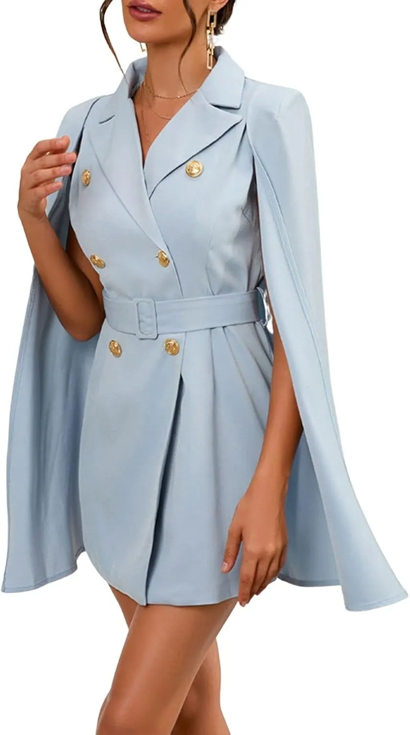 CHARTOU Women Elegant Blazer Dress Poncho Cape Double Breasted Office Work Mini Dress Blazer Jacket