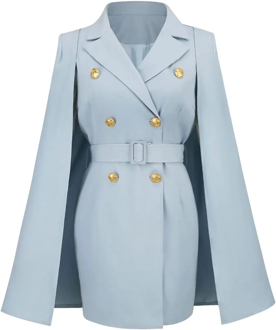 CHARTOU Women Elegant Blazer Dress Poncho Cape Double Breasted Office Work Mini Dress Blazer Jacket